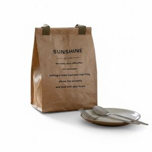 MoHern Insulated Lunch Bag Brown Paper Style Tyvek Includes Fork & Spoon